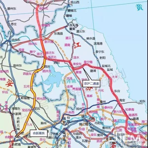 合新高铁及京沪二通道江苏段示意图（此图仅为初步设计方案，非最终走向)